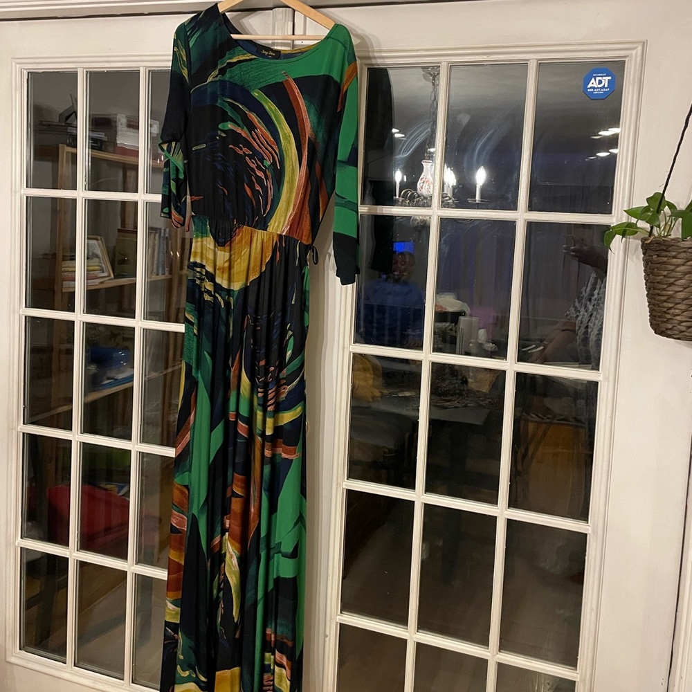 Green pattern maxi stretch dress 2X